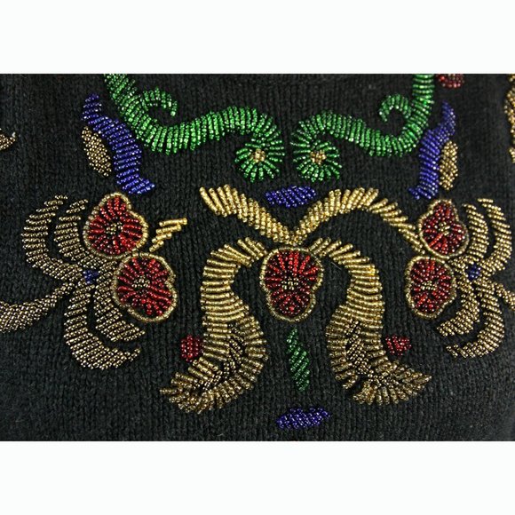 Vintage Silk Angora Wool Fancy Floral Beaded Sweater Black Segue 1980's - Med - Picture 3 of 6